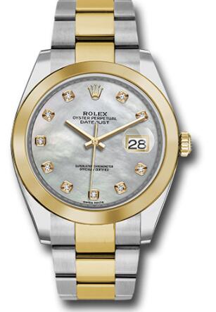 Replica Rolex Steel and Yellow Gold Rolesor Datejust 41 Watch 126303 Smooth Bezel Mother-of-Pearl Diamond Dial Oyster Bracelet